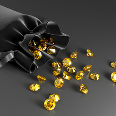 Velvet black bag with a scattering of topazes on a dark background. Exhibition of precious stones. Jewelry industry. View from above. 3d rendering.