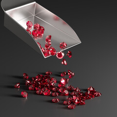 Rubies pour out of the scoop on the dark background. Selection and sorting of stones. Jewelry industry. 3d rendering.