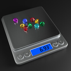 Precise digital scales with multi-colored precious stones on the black background. Side view. Jewelry industry. 3d rendering.