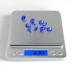 Precise digital scale with round cut blue sapphires on white background. Front view. Jewelry industry. 3d rendering.