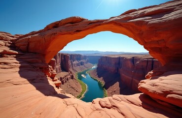 Majestic natural red rock arch frames breathtaking canyon landscape. Winding river flows between rugged cliffs under bright blue sky in serene desert environment. Adventure, exploration, travel