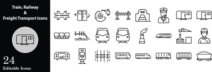 Train railway and freight transport icon set featuring trains personnel and infrastructure in outline style