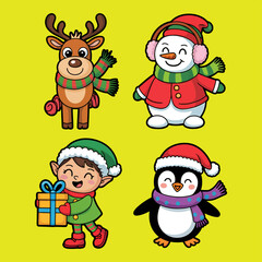 Naklejka premium Cute Christmas Holiday Characters Vector Illustration Set