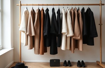 Minimalist capsule wardrobe in natural tones for autumn-winter season. Coats, jackets, neutral colors. Clothes rack with hat, bag, shoes. Trendy apparel, casual attire. Modern style collection for