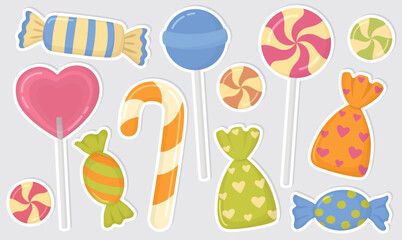 Set of cute stickers with various candies, sweets and treats. Colorful illustration on gray isolated background	