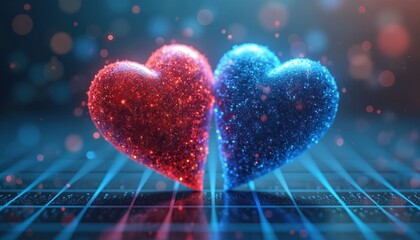 Fototapeta premium Two halves heart, red, blue, symbolize AI love, digital connection. Futuristic, tech, science concept with data flow, virtual world background. Emotional design, modern innovation for science fiction.