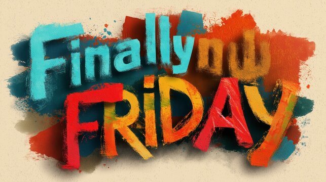 Colorful Chalk Art Saying Finally Friday on Beige Background