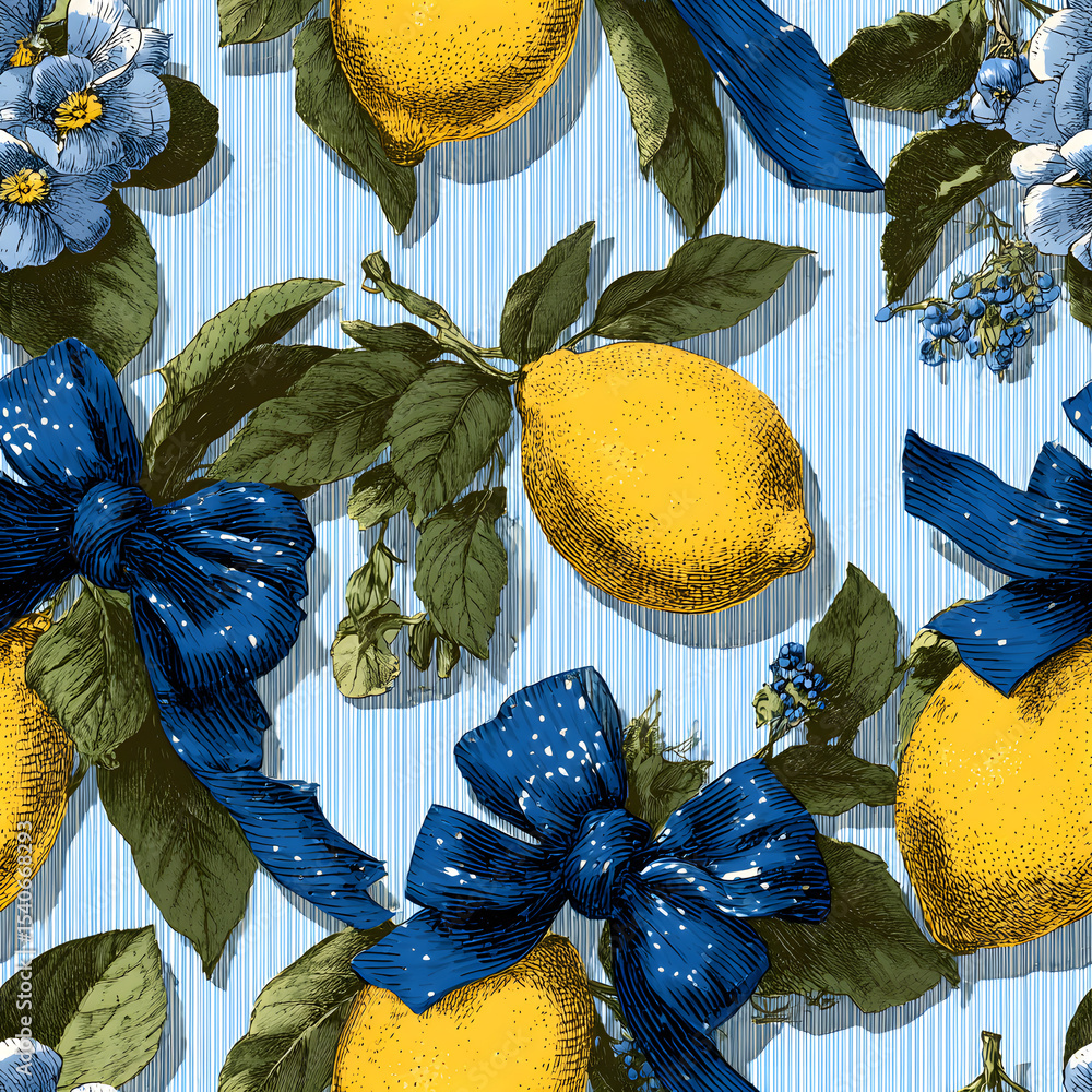 Poster beautiful vector seamless checkered pattern with bows and lemons. composition with vintage bows and 