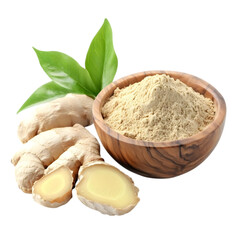 Fototapeta premium Ginger powder in wooden cup with ginger root next to cup, isolated on transparent background.