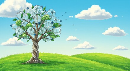 A tree grows with plastic bottles among its leaves, symbolizing the clash between nature and pollution.