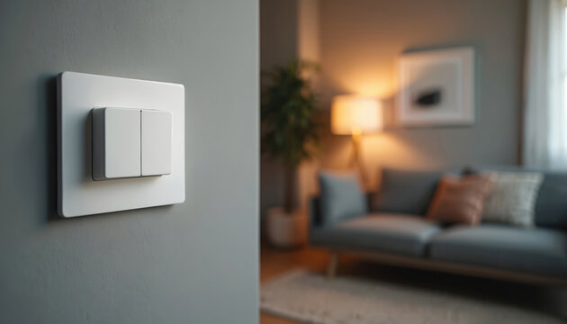 Modern smart light switch on gray wall in stylish home interior. Two-button design, wi-fi control, energy efficiency tech. Home automation, digital panel, remote control, convenient, easy install.