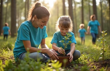 Mom, daughter plant tree in forest. Woman, child, working together in reforestation project. Volunteers taking action helping natural habitat, environment. Concept of ecology, environmental