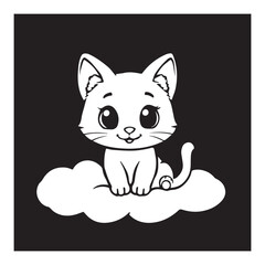Obraz premium Cute kitten sitting on a cloud black and white illustration