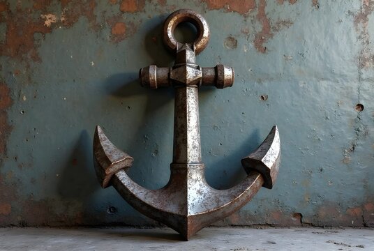 Old, heavy, and rusty marine anchor on a vintage wooden background, a nautical symbol of the sea