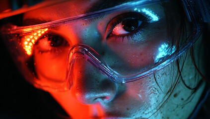 Intense Gaze: A close-up shot captures a determined individual wearing protective goggles, illuminated by a dramatic interplay of red and blue light. The focus is on the eyes.