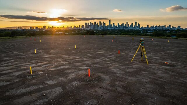 Land survey equipment on construction site with skyline background under sunlight
