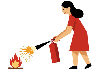 A woman extinguishes a small fire with a fire extinguisher, creating a dramatic visual. Clean, modern illustration style. Focus on safety and control.