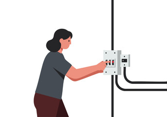 A woman switches off a breaker, illustrating electrical safety. Clean, modern illustration with a pink background. Clear composition, ideal for informational graphics.