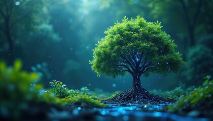 Digital illustration data network ecosystem, tech tree, growth concept. Represents digital transformation, innovation, modern world. Future, computing, cyberspace, connectivity, cloud, intelligence.