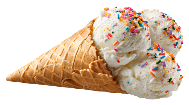 A delicious ice cream cone filled with three scoops of vanilla ice cream and colorful sprinkles. The sprinkles add a fun and festive touch to the dessert