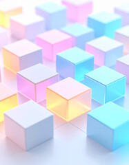 Obraz premium Pastel Glowing Cubes on White Background.purple, abstract, illustration, shape, bright, pattern, background, aesthetic, animated, colourful, complexity, creativity, development, 