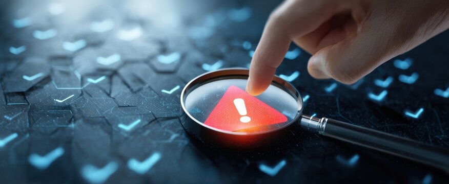 The magnifying glass highlighting a warning symbol in a digital environment. - Powered by Adobe
