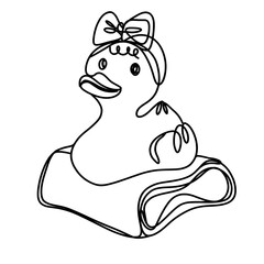 Rubber duck on towels one line art drawing