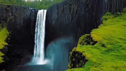 A breathtaking view of Svartifoss Waterfall in Iceland — cascading water plunges over dramatic dark basalt column cliffs, surrounded by lush green moss and rugged rock formations, capturing the natura