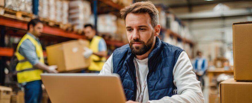 The focused man using a laptop in a busy warehouse environment.