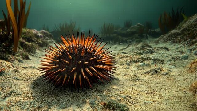 A vibrant underwater scene featuring a spiny echinoderm on sandy seafloor.