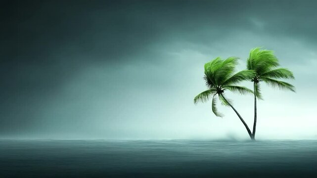 Coastal Serenity: Two palm trees gracefully withstand the elements, set against an atmospheric, moody backdrop of a stormy sea and sky. Evoking a sense of resilience and the beauty of nature's power.