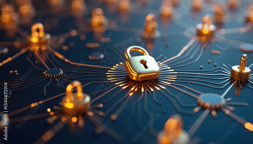 Poster Cybersecurity concept with golden padlock on digital circuit board. Network protection, data encryption, privacy, secure access, cyber defense, IT security, data protection.