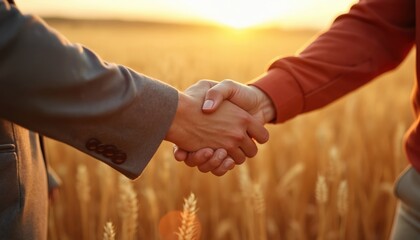 Handshake in wheat field at sunset. Partnership deal, collaboration, teamwork, support, commitment concept. Farmers, businessmen shaking hands in agriculture, harvest season.
