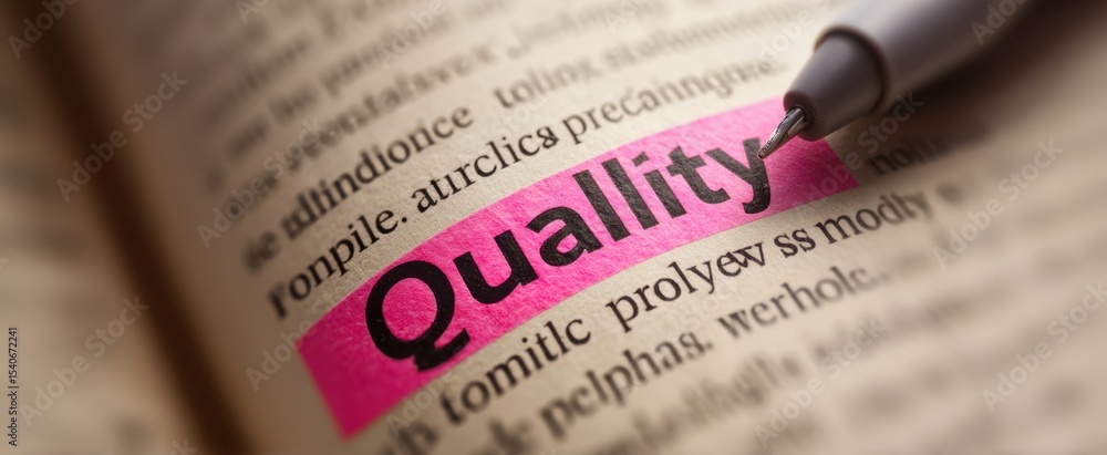 Poster the highlighted definition of quality in a dictionary page