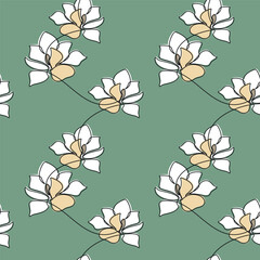Hand drawn illustration. White flower seamless pattern vector. Abstract outline botanical backdrop. Line continuous wallpaper, green cartoon background, fabric, textile, minimal print.