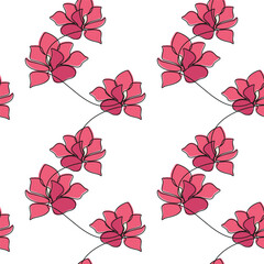 Hand drawn pink flower seamless pattern vector. Contour illustration. Abstract outline botanical backdrop. Line continuous wallpaper, white cartoon background, fabric, textile, minimal print.