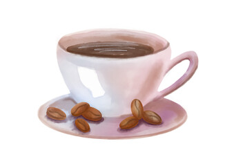 Cup of coffee with cacao seeds watercolor illustration png trancparent backgroung