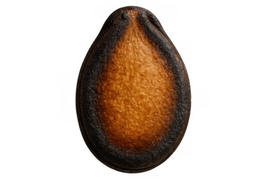 Close-up of a roasted watermelon seed, showcasing its texture and burnt edges, isolated on a transparent background