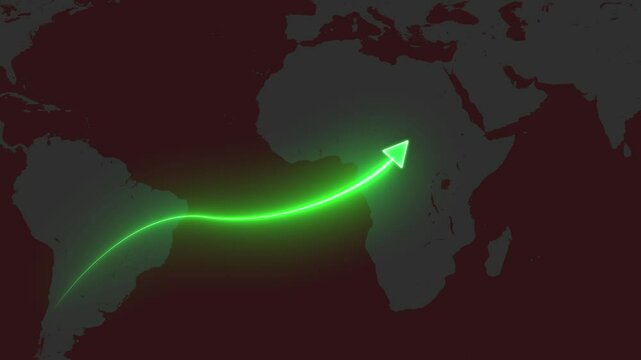 Neon blue growth arrow over a dotted world map, symbolizing global business growth. Global business growth neon glowing line and world map background animation 4k. Business, economy, financial.