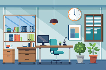 Well Organized and Decorated Office Space with Bookshelf and Desk with Computer and Office Chair for Productivity