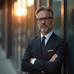 Fototapeta premium Mature businessman in black suit with glasses arms crossed at business center building background. Confident entrepreneur, leadership, corporate executive. Success, financial strategy, wealth