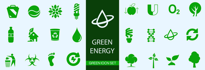 Green energy icon. Collection of solid vector icons on the theme of environment protection, ecology, renewable energy, bio battery, leaf.