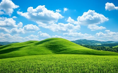 Fototapeta premium Cartoon green hills landscape with a blue sky Vector illustration