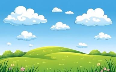Fototapeta premium Cartoon green hills landscape with a blue sky Vector illustration