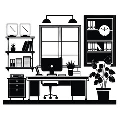 Monochromatic Home Office Illustration with Desk, Chair, Shelves, and Potted Plant Creating a Serene Workspace Ambiance