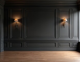 Minimalist interior design with black wall paneling wooden floor. Natural light, elegant contemporary apartment architecture. Empty modern luxury loft space. Interior home decor for living room,