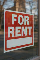 Classic red and white "FOR RENT" sign in a prominent storefront window. This clear and recognizable message signifies available rental space, ideal for conveying themes of real estate and leasing.