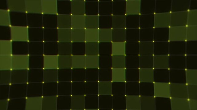 Abstract green illuminated grid pattern with yellow dots in a futuristic perspective