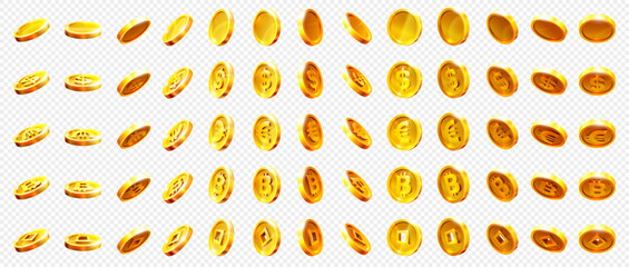 Realistic gold coin. Explosion of gold coins