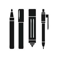 Sleek Black Writing Tools Icons Vector Set for Office Supplies and Creative Design Projects